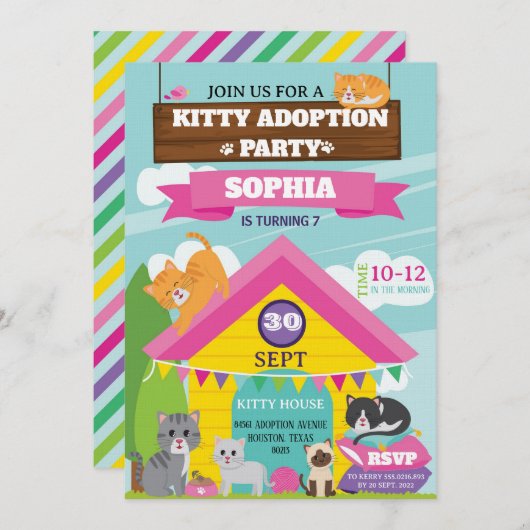 Kitty Birthday Invitation / Girl Kitten Party (Devant / Derrière)