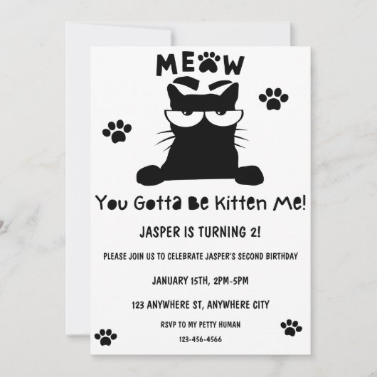 Kitty Cat Birthday Kitten Pawty Invite Kaart (Voorkant)