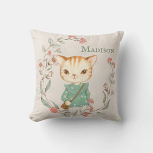 Kitty Cat Floral Persoonlijke naam meisje Kussen