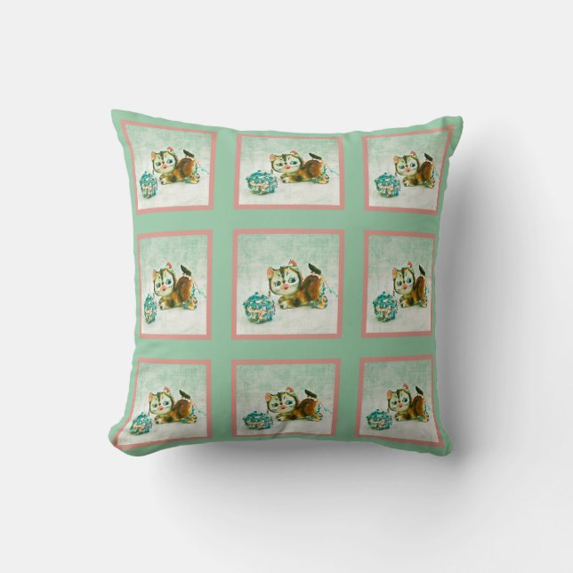  Kitty Cat in Mint Green en Pink Plaid Kussen (Voorkant)