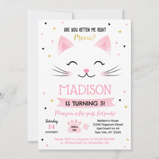 Kitty Cat Kitten Birthday Uitnodigingen voor meisj (Voorkant)