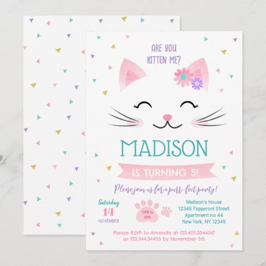 Kitty Cat Kitten Invitations pour l'anniversaire d (Devant / Derrière)