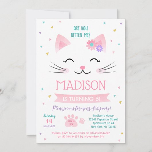 Kitty Cat Kitten Invitations pour l'anniversaire d (Devant)
