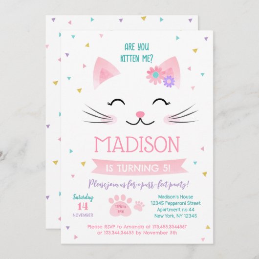 Kitty Cat Kitten Invitations pour l'anniversaire d (Devant / Derrière)