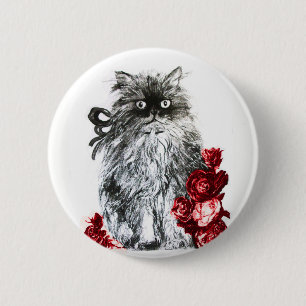 KITTY CAT, KITTEN MET RODE ROSEN RONDE BUTTON 5,7 CM