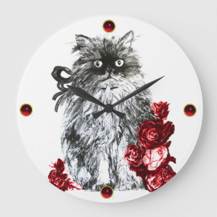 KITTY CAT, KITTEN MET RODE ROSEN, zwart-wit Grote Klok