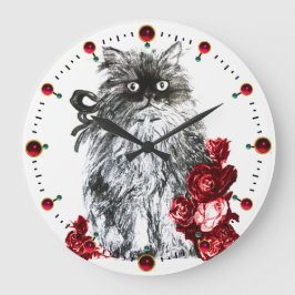 KITTY CAT, KITTEN MET RODE ROSEN, zwart-wit Grote Klok