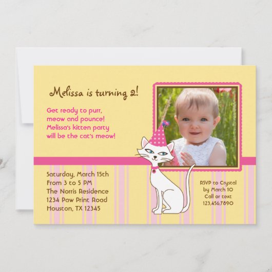 Kitty Cat Photo Birthday Party Invitation Kaart (Voorkant)