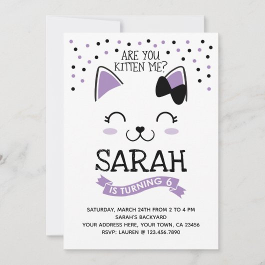 Kitty Cat verjaardagsuitnodiging, Paarse & zwart Kaart (Voorkant)