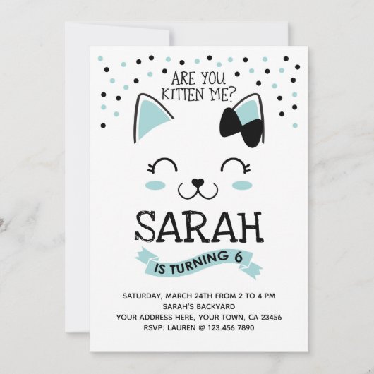 Kitty Chat Invitation d'anniversaire, Turquoise et (Devant)