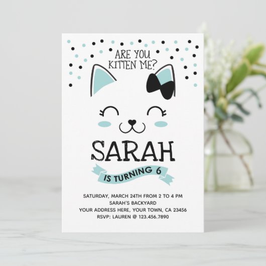 Kitty Chat Invitation d'anniversaire, Turquoise et (Debout devant)