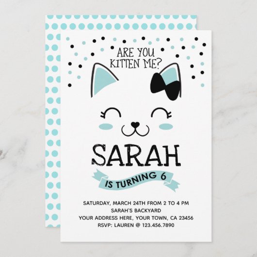 Kitty Chat Invitation d'anniversaire, Turquoise et (Devant / Derrière)