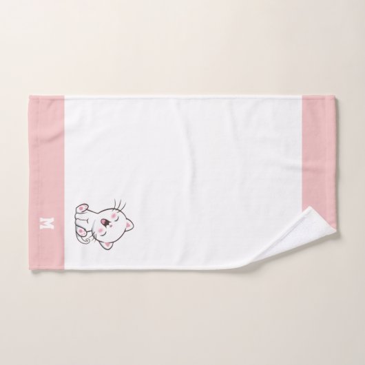 Kitty Chat & Monogramme sur rose et blanc Serviett (Serviette à main)