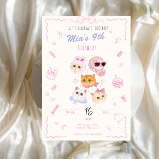 Kitty Girl Birthday Invitation Kaart
