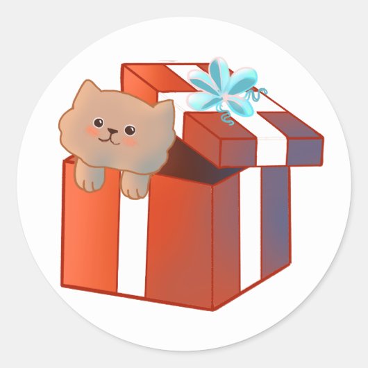 kitty in een cadeau doos ronde sticker (Voorkant)