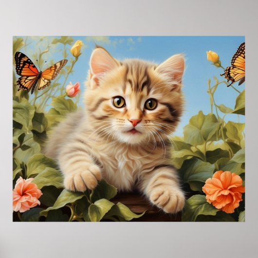 *~* Kitty Kat 5:4 Kitten Vlinder Bloemen AP68 Poster (Voorkant)