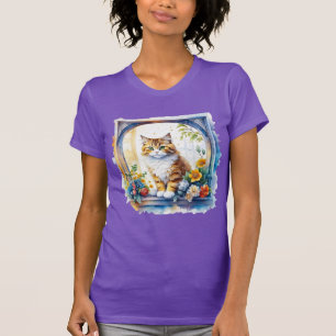 Kitty kat in venster van bloemen t-shirt