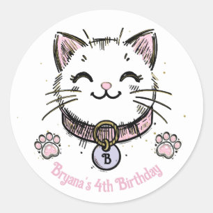 Kitty Kat Kittens Roze Paars Goud Verjaardagsfeest Ronde Sticker