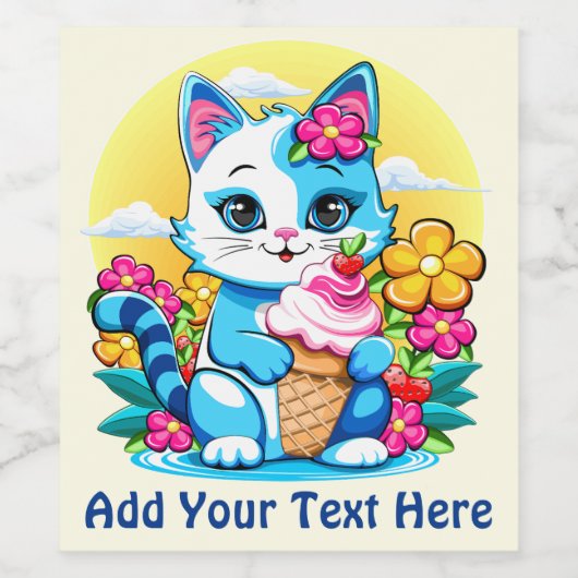 Kitty Kat met ijs Zomer Kawaii Karakter Wijn Etiket (Enkel label)