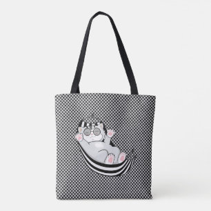 Kitty kat op zwart en wit schaakbord patroon draagtas