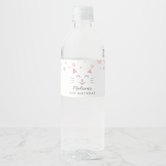 Kitty Kat Thema Verjaardag Roze Waterfles Etiket (Voorkant)