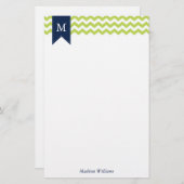 Kiwi Green Chevrons en Blue Monogram Briefpapier (Voorkant / Achterkant)