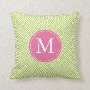 Kiwi Groen Roze Grieks Sleutelpatroon Monogram Kussen