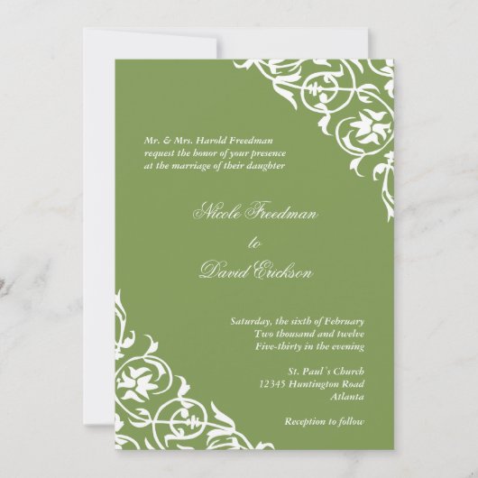 Kiwi groene hoekscrollscript elegant bruiloft kaart (Voorkant)