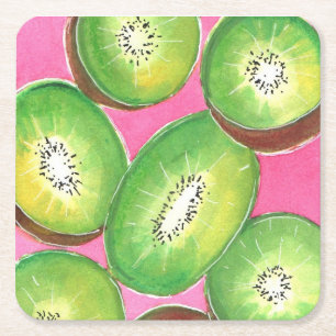 Kiwi op roze cocktailservet neon groen en roze vierkante kartonnen onderzetter