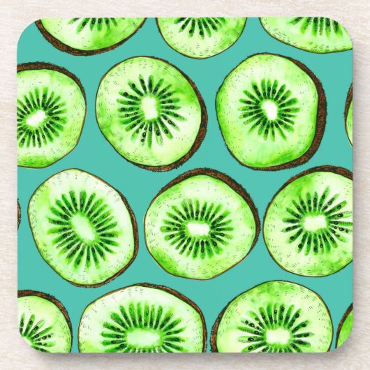 Kiwi snijdsels op turquoise bier onderzetter (Voorkant)