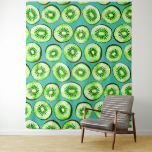 Kiwi snijdsels op turquoise wandkleed