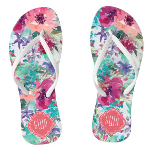 Kkleurige Waterverf Floral Patroon met Monogram Teenslippers