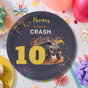 Klaar om een monstertruck donkere verjaardag te cr papieren bordje
