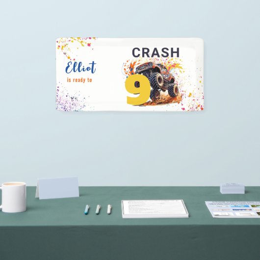 Klaar om een monstervrachtwagen te crashen spandoek (Beurs)