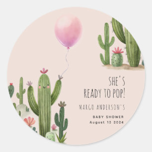 Klaar om Pop Meisje Balloon Cactus Groen Baby show Ronde Sticker