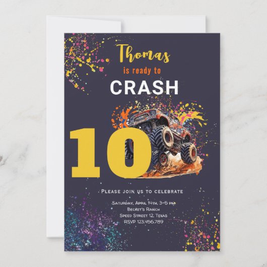 Klaar om te crashen monstertruck donkere verjaarda kaart (Voorkant)