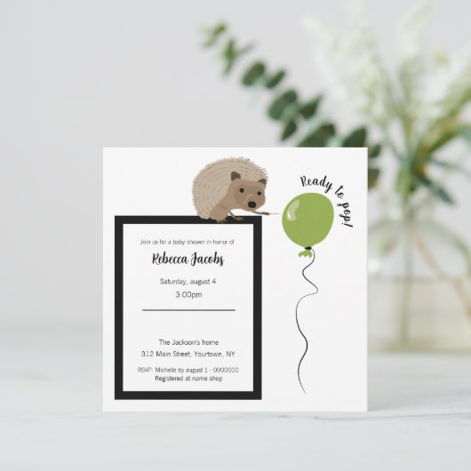 "Klaar om te poppen" egel Baby shower Uitnodiging (Staand voorkant)