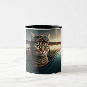 Klaar voor het opstijgen: een Purrfect Pilot Cat M Tweekleurige Koffiemok