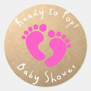 Klaar voor Pop Baby shower Roze voetafdrukken Ronde Sticker