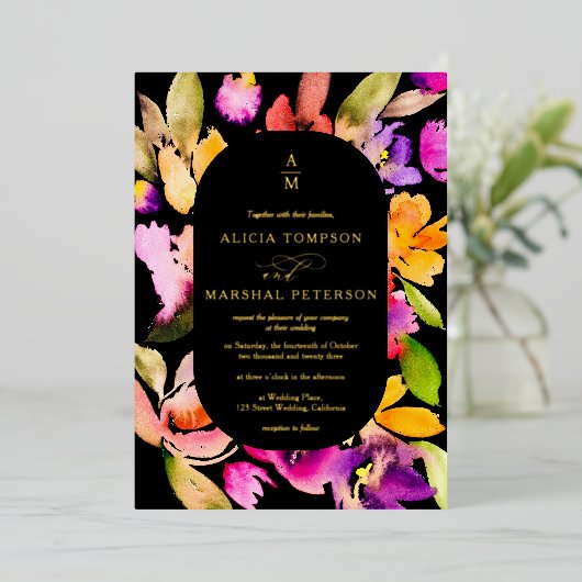 Klantvriendelijke herfst oversized bloem waterverf folie uitnodiging (Staand Voorkant)