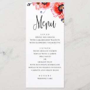 Klapperbloemen. Waterverf rode bloemige bruiloft Menu