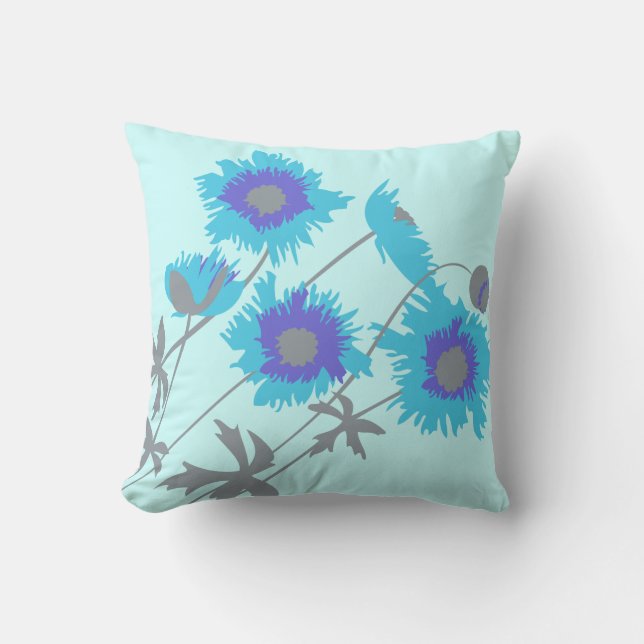 Klaproos aqua, blauwe, paarse grijze kussensloop kussen (Voorkant)