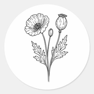 Klaproos Bloem Botanische Bloem Lijnkunst Ronde Sticker