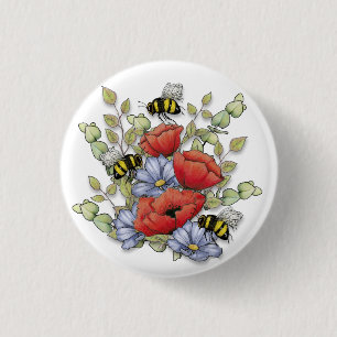 Klaproos Bloemen en Bijen Digitaal Tekenen, Botani Ronde Button 3,2 Cm
