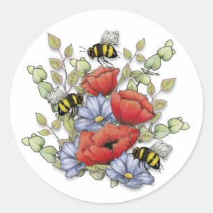 Klaproos Bloemen en Bijen Digitale Tekening, Botan Ronde Sticker