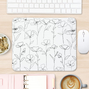 Klaproos Wilde Bloem Zwart en Wit Minimalistische  Muismat