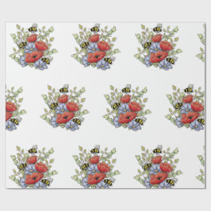 Klaprozen en Bijen Digitaal Tekenen, Botanisch Cadeaupapier