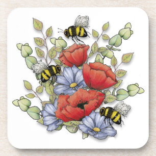 Klaprozen en Bijen Digitale Tekening, Botanisch Bier Onderzetter