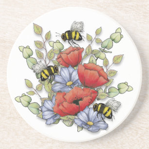 Klaprozen en Bijen Digitale Tekening, Botanisch Zandsteen Onderzetter