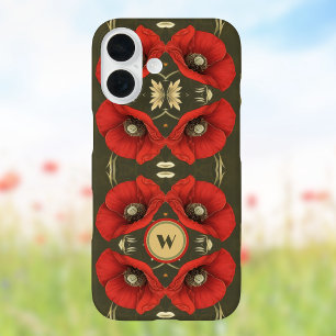 Klaprozen Vintage Goud Rood Art Nouveau Monogram iPhone 16 Hoesje